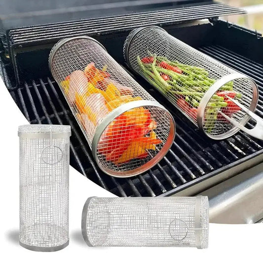 Edelstahl-Grillkorb – Rollen, Grillen, Fertig