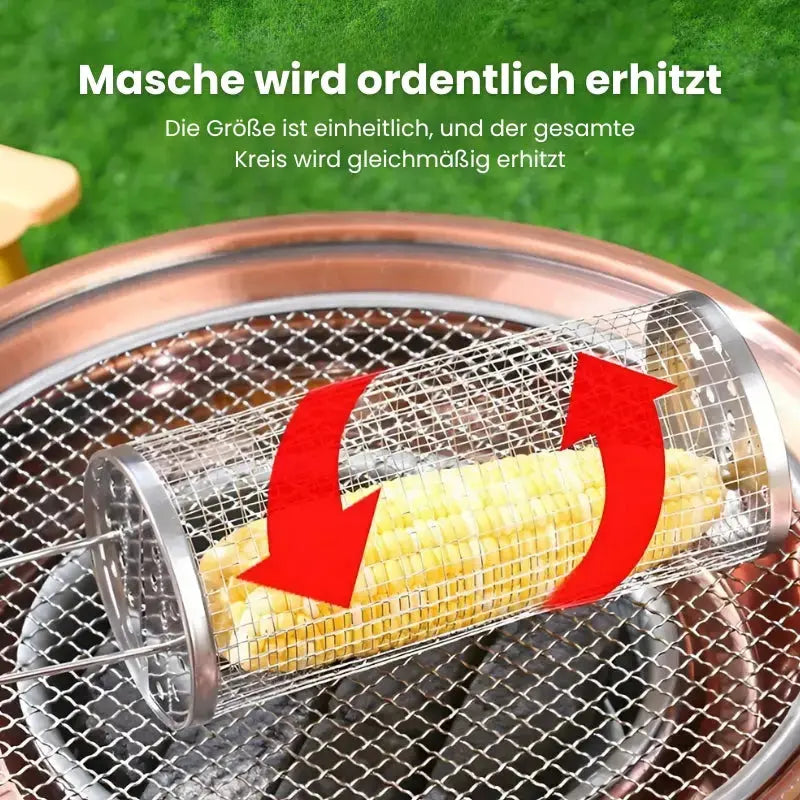 Edelstahl-Grillkorb – Rollen, Grillen, Fertig
