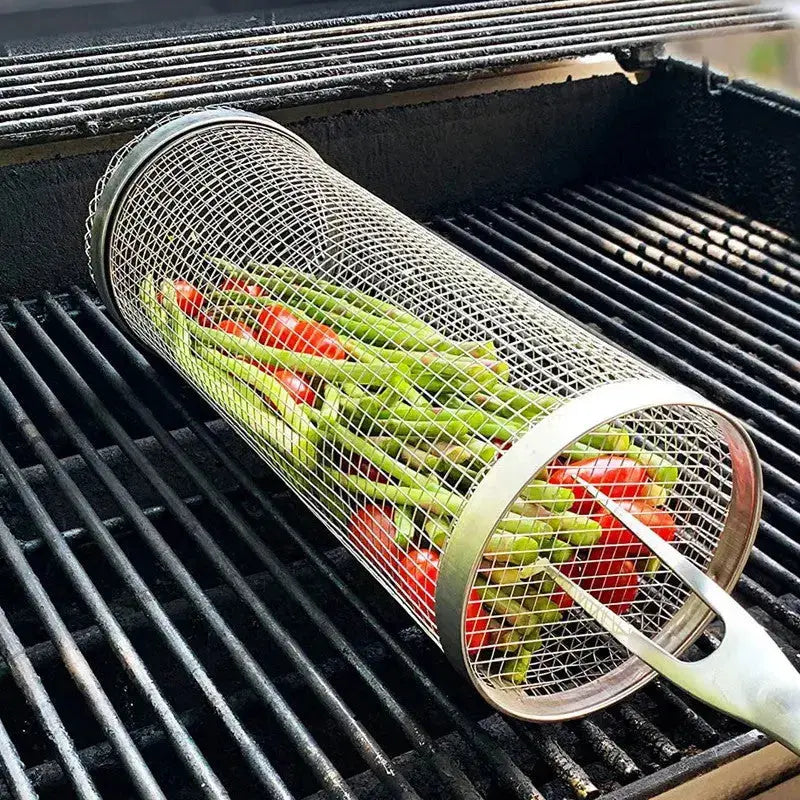 Edelstahl-Grillkorb – Rollen, Grillen, Fertig