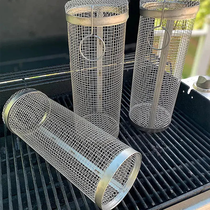 Edelstahl-Grillkorb – Rollen, Grillen, Fertig
