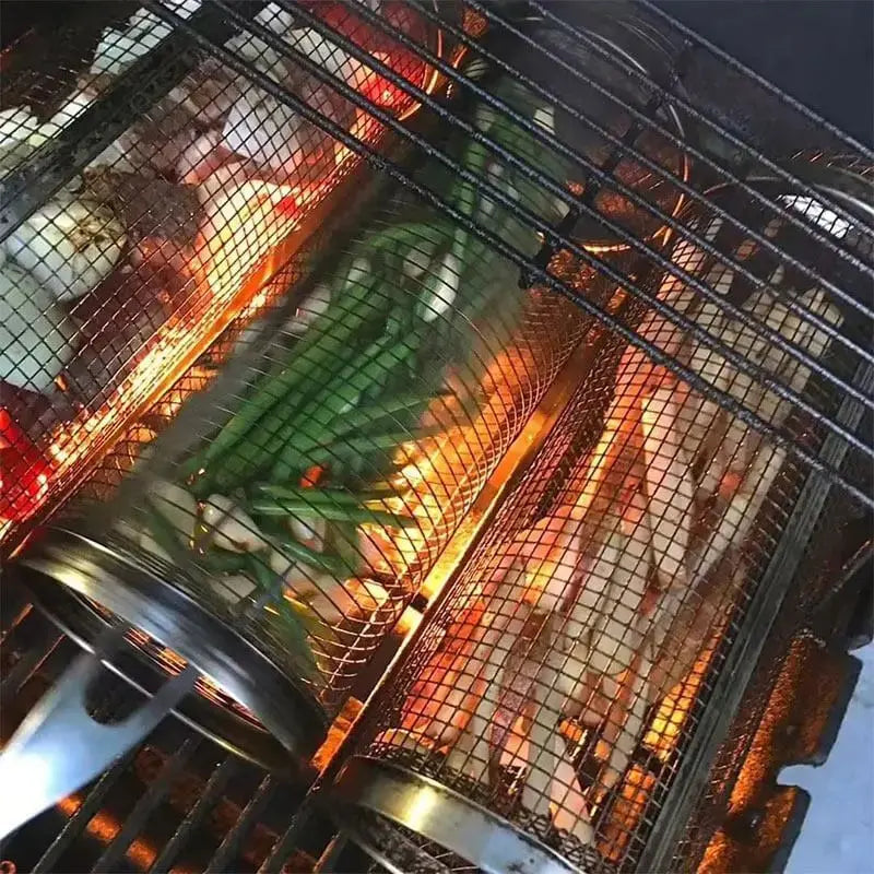 Edelstahl-Grillkorb – Rollen, Grillen, Fertig